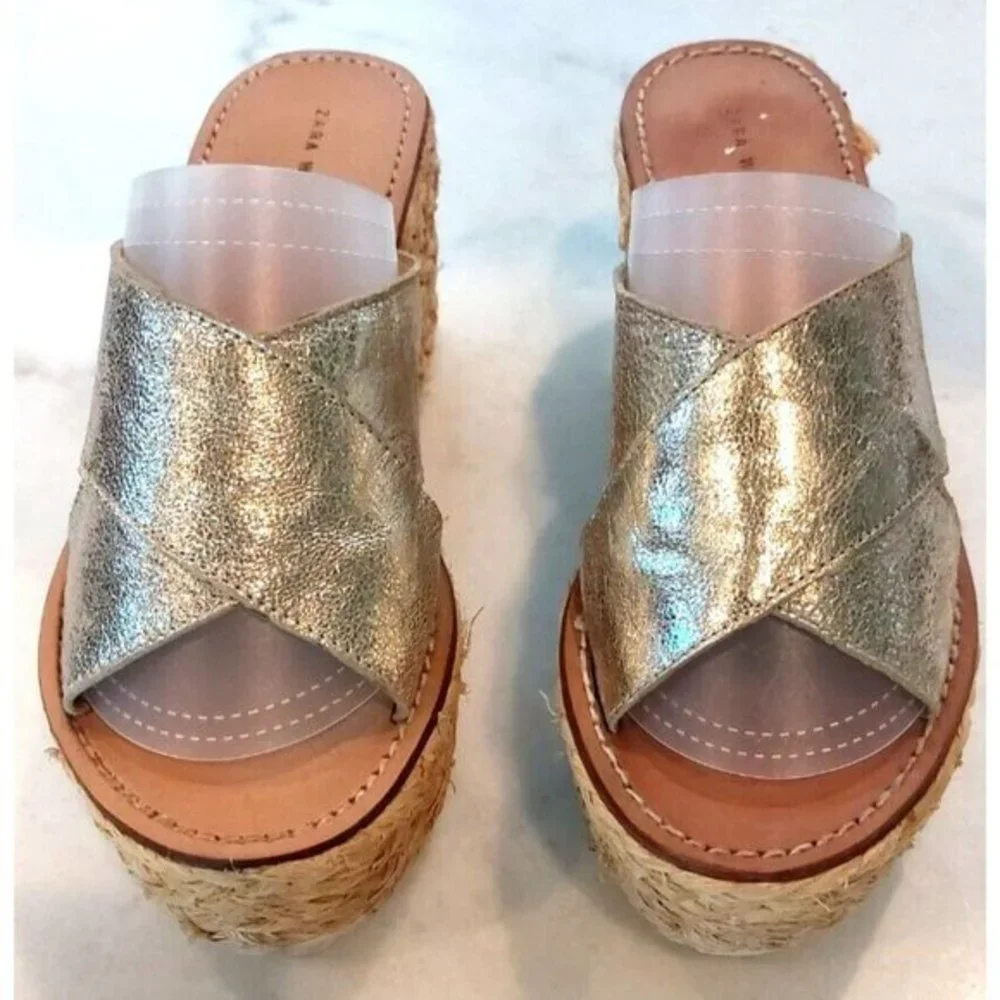 ZARA Jute Esprilladrez Wedge Sandals WITH CROSSOVER STRAPS GOLD SZ US 7 / UE 38